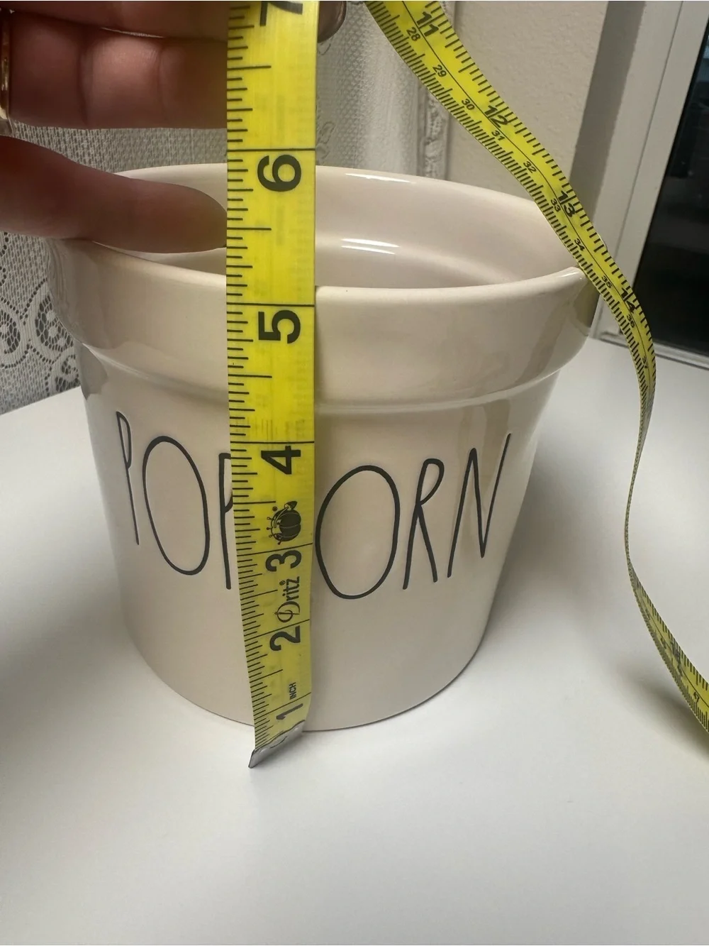 Rae Dunn Popcorn Ceramic Canister - Beige with Black Lettering 5”x 5 1/2”.